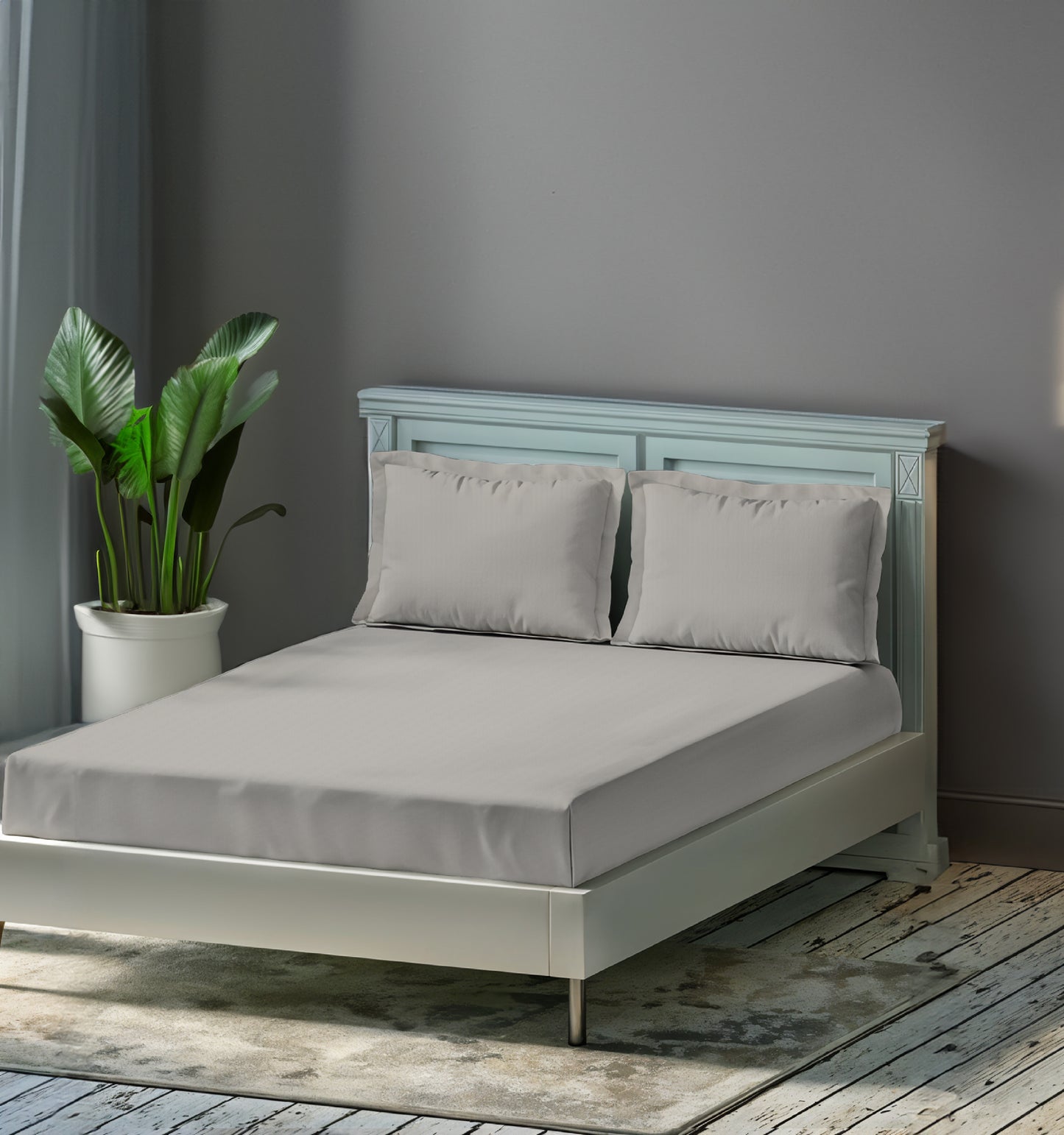 Lunar Shimmer bedsheet - silver grey 300 TC cotton
Moonlit silver bedsheet - king size cotton satin
Cool-toned satin cotton bedsheet with pillow covers