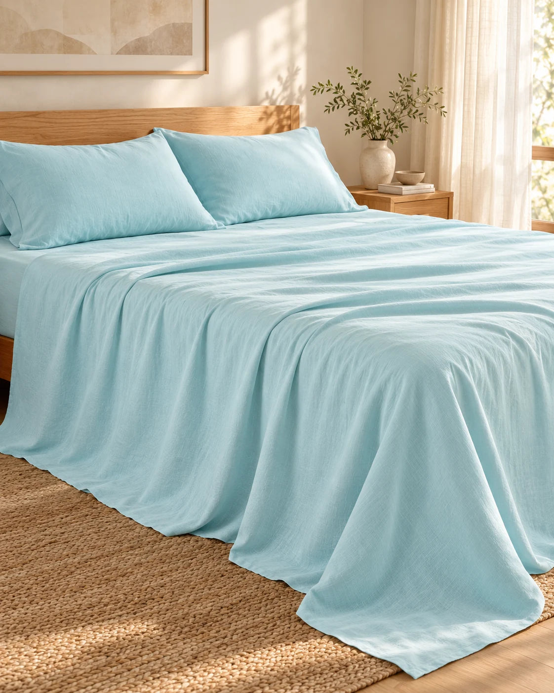 Powder blue cotton bedding draped in soft folds over a bed in a warm, sunlit bedroom.