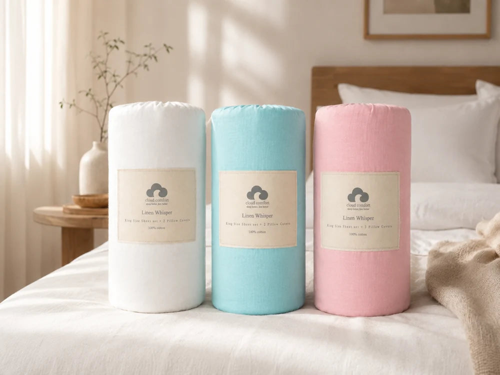 Cloud Comfort bedding in its fabric bags, in soft blue, ivory and pink.