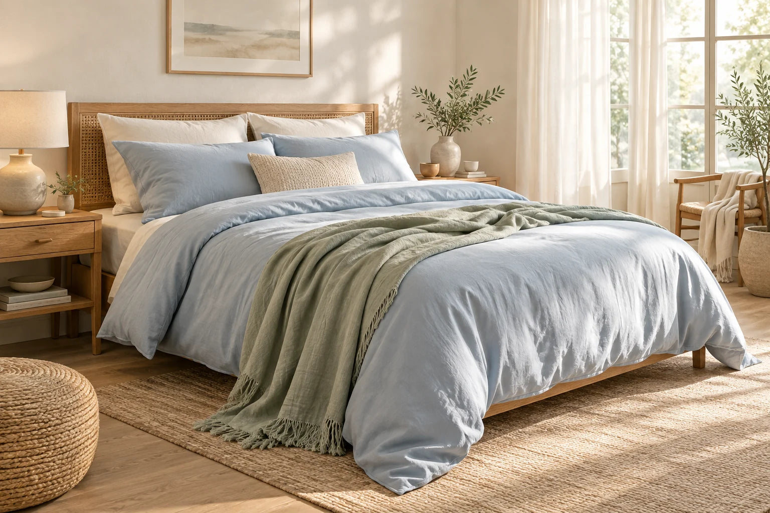 A sunlit bedroom with powder-blue bedding, soft sage layers and warm natural furniture.